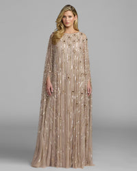 Mac Duggal #9526 champagne beaded boat neck kaftan gown