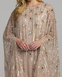 Mac Duggal #9526 champagne beaded boat neck kaftan gown close-up