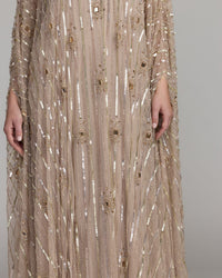 Mac Duggal #9526 champagne beaded boat neck kaftan gown close-up