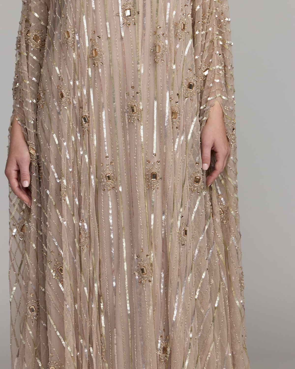 Mac Duggal #9526 champagne beaded boat neck kaftan gown close-up