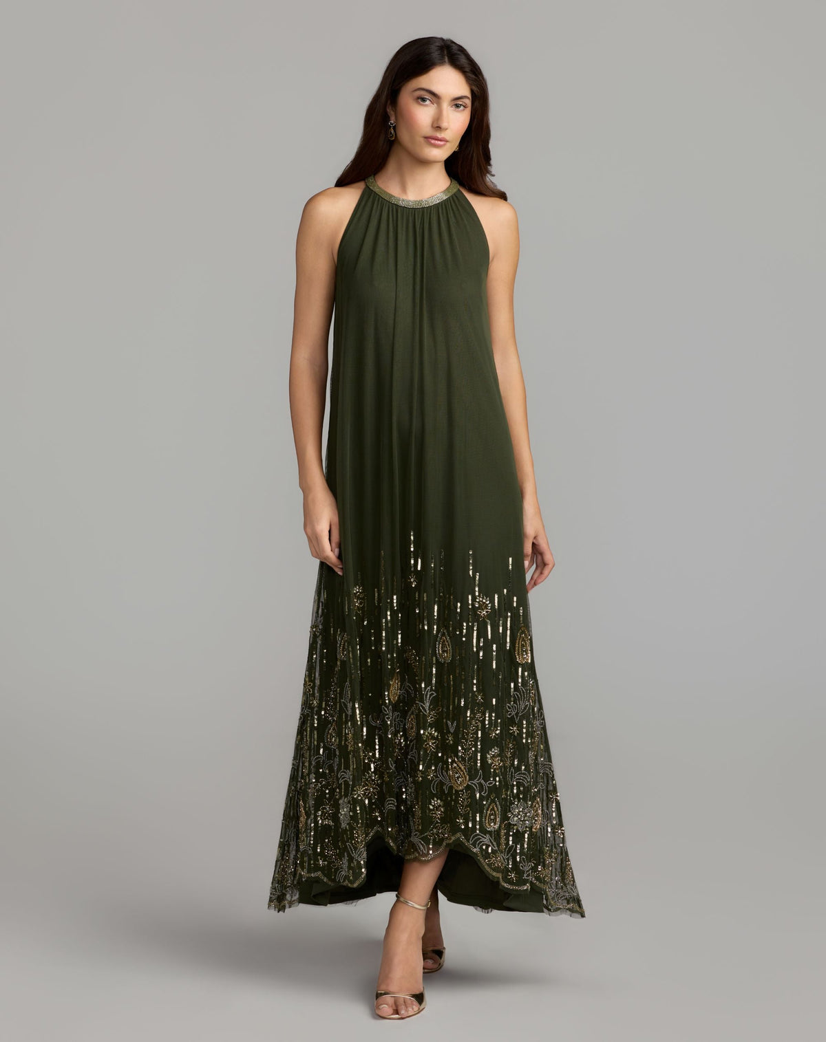 Mac Duggal #9529 antique green embellished scallop hem trapeze dress