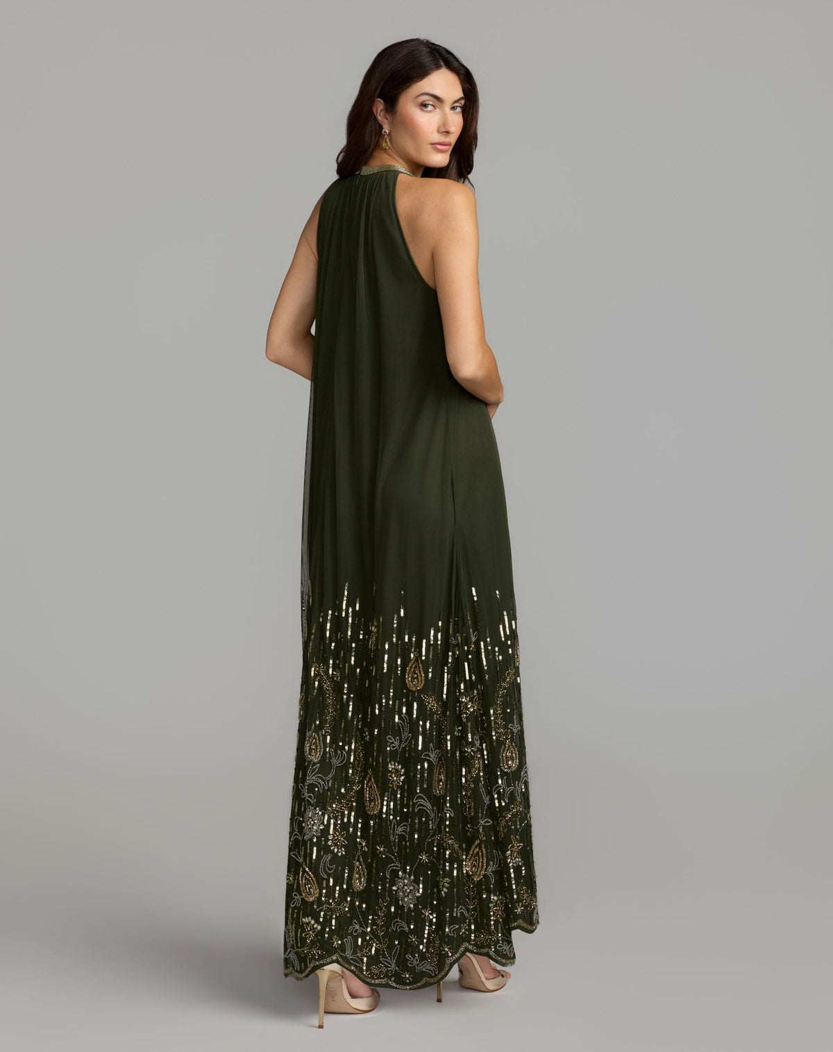 Mac Duggal #9529 antique green trapeze dress back view