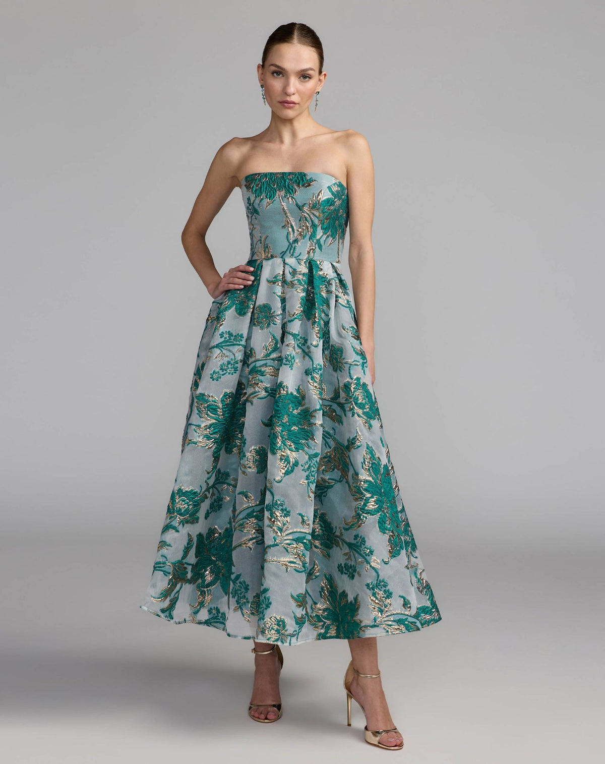 Mac Duggal Strapless Brocade Midi Dress with Pockets #20716 Teal