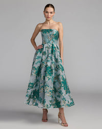 Mac Duggal Strapless Brocade Midi Dress with Pockets #20716 Teal