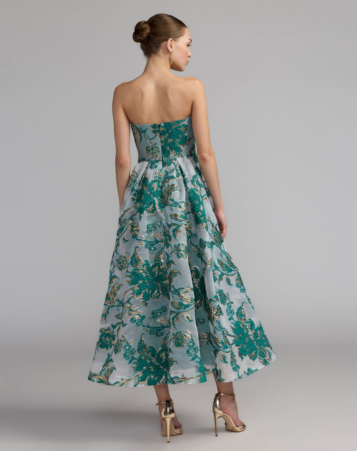 Mac Duggal Strapless Brocade Midi Dress with Pockets #20716 Teal back view