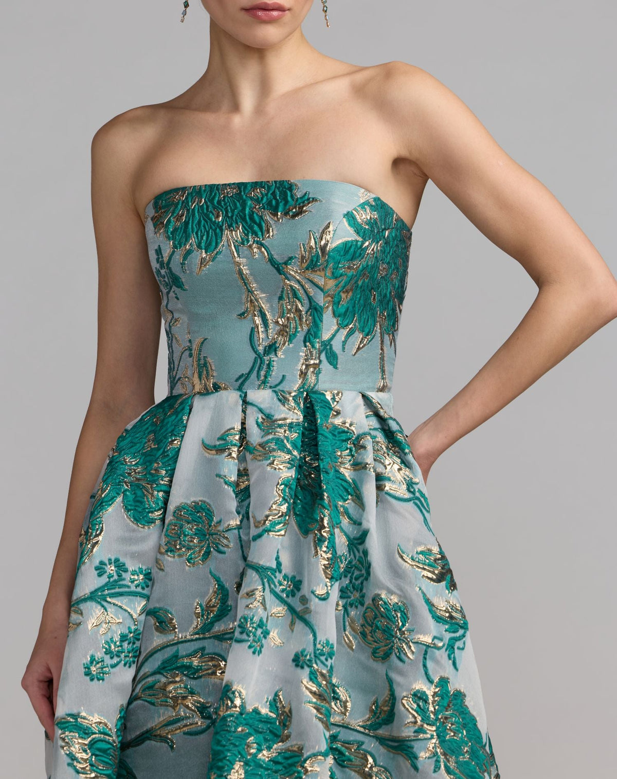 Mac Duggal Strapless Brocade Midi Dress with Pockets #20716 Teal