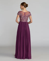 Petite Embroidered Cap Sleeve Pleated Gown
