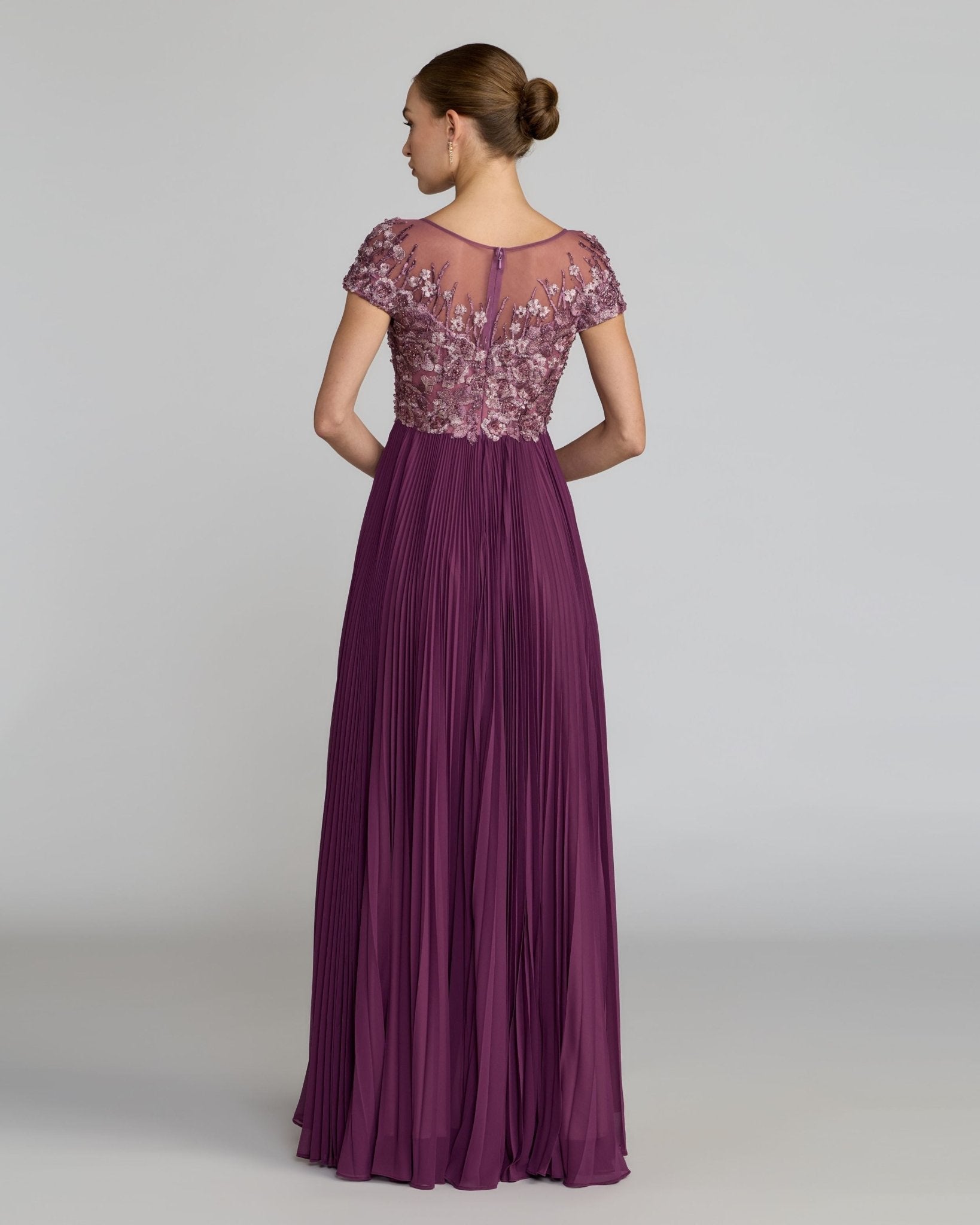 Petite Embroidered Cap Sleeve Pleated Gown