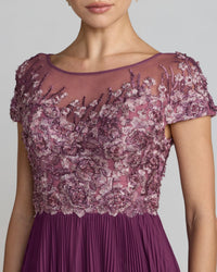 Petite Embroidered Cap Sleeve Pleated Gown