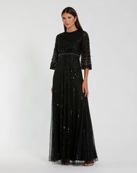 Mac Duggal #23045 black high neck embellished gown with 3/4 sleeves