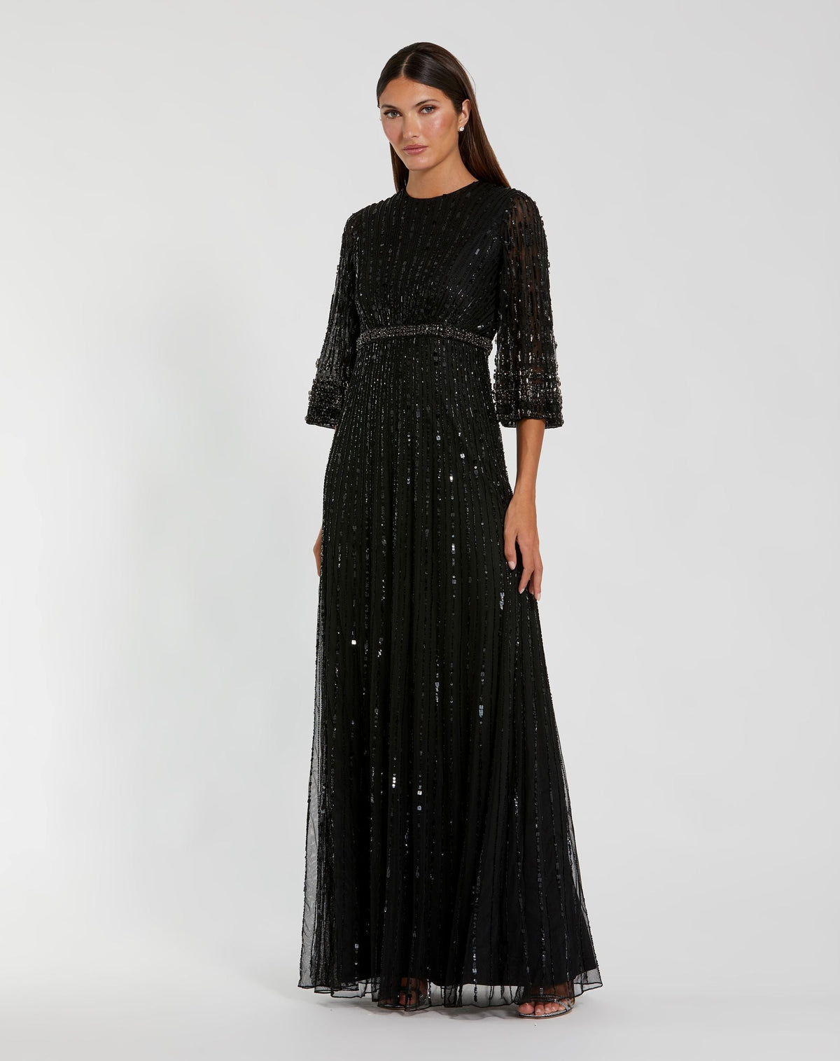 Mac Duggal #23045 black high neck embellished gown with 3/4 sleeves