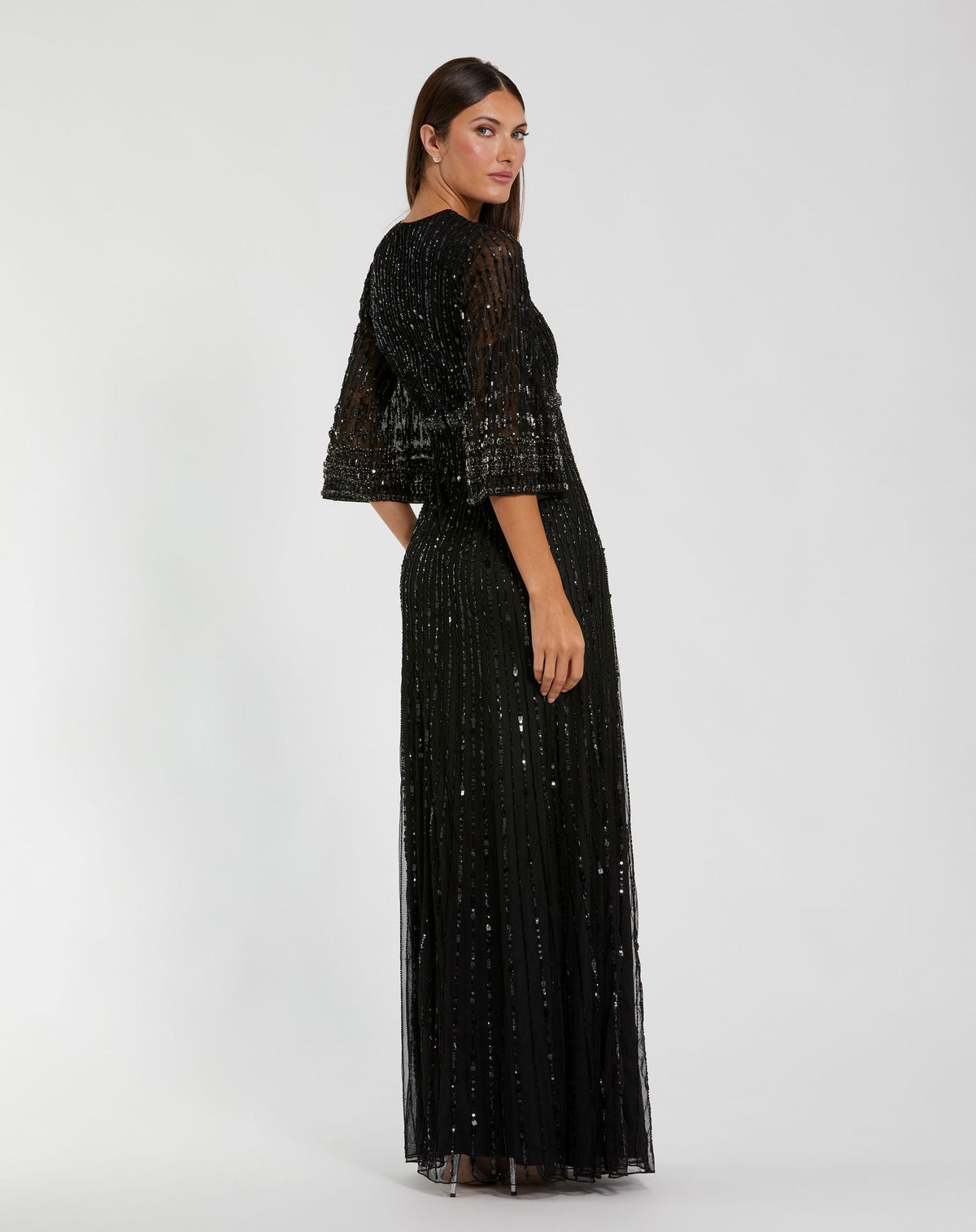 Mac Duggal #23045 black high neck embellished gown with 3/4 sleeves back view