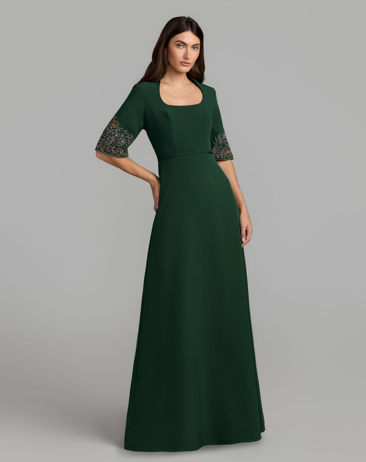 Mac Duggal #2436 deep green scoop neck beaded cuff crepe gown