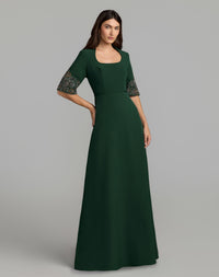 Mac Duggal #2436 deep green scoop neck beaded cuff crepe gown