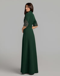 Mac Duggal #2436 deep green scoop neck beaded cuff crepe gown