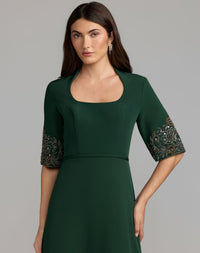 Mac Duggal #2436 deep green scoop neck beaded cuff crepe gown