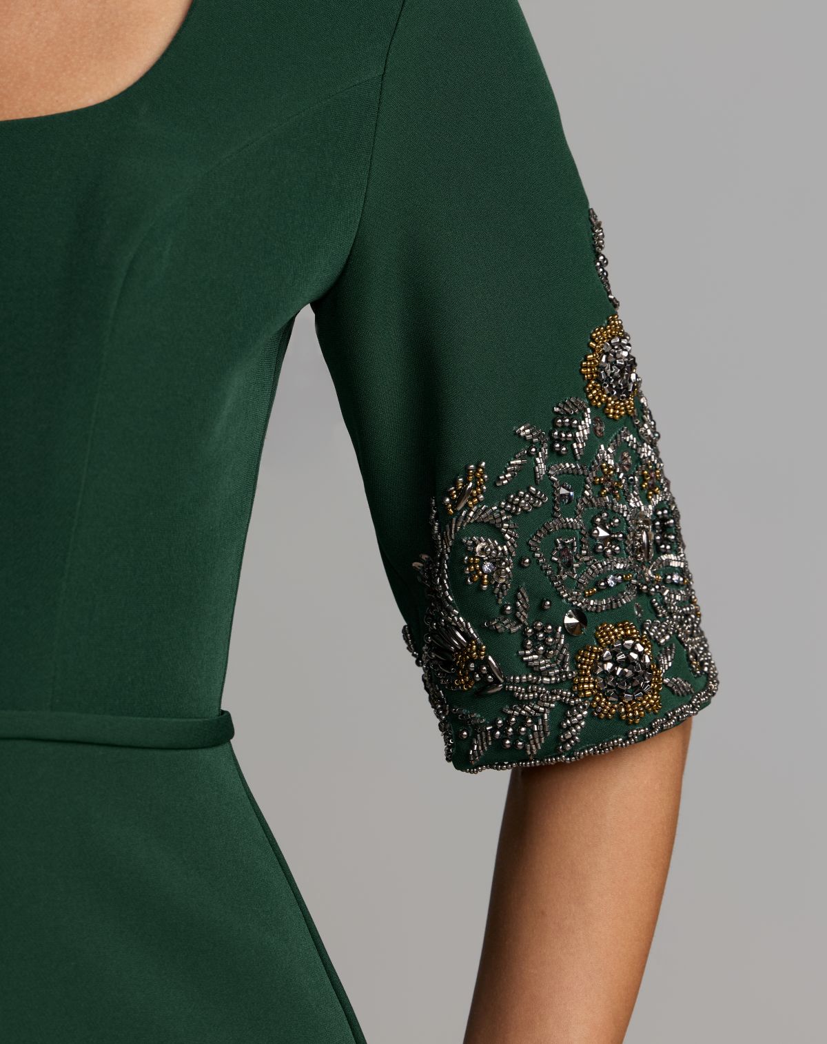 Mac Duggal #2436 deep green scoop neck beaded cuff crepe gown