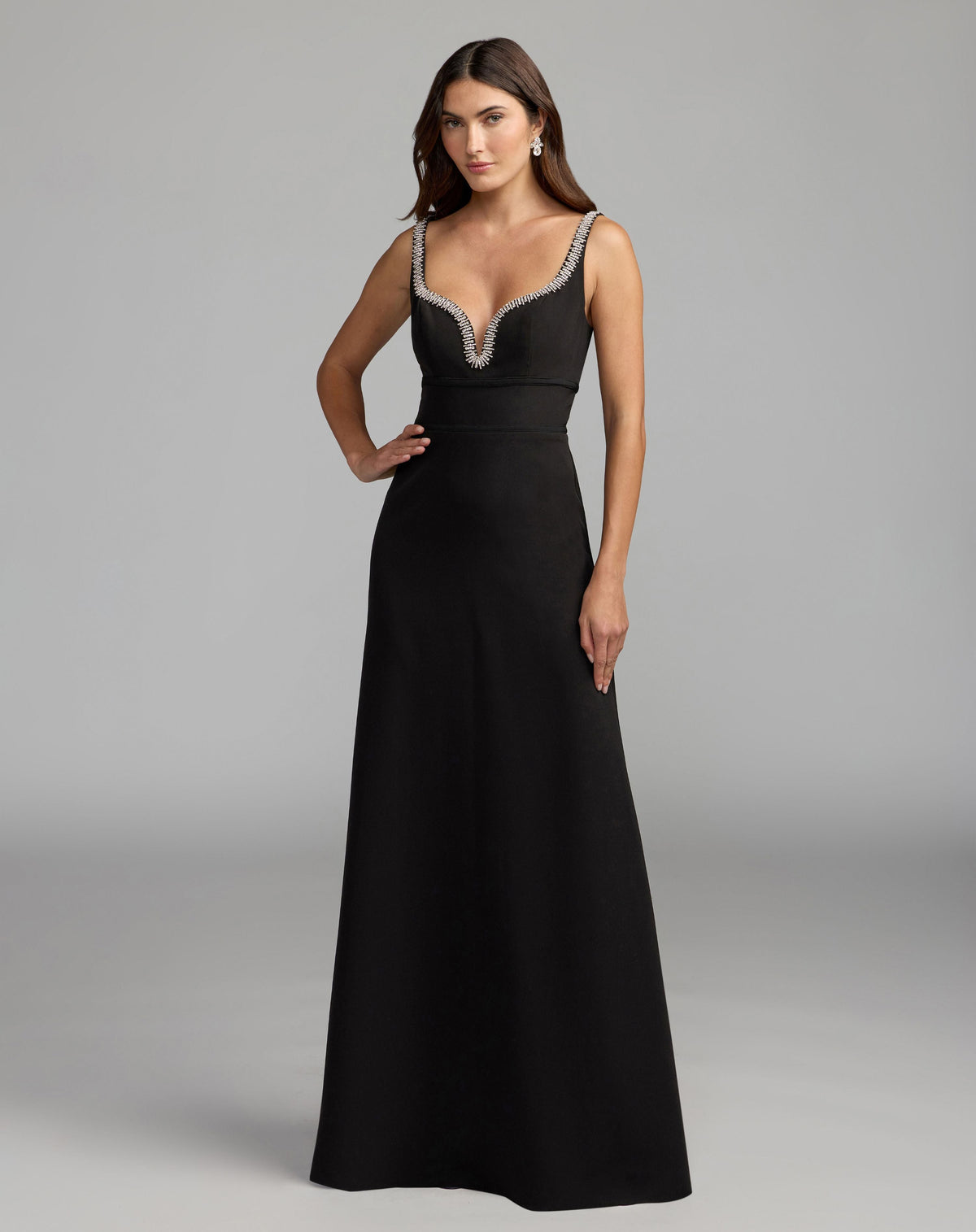 Mac Duggal #27633 black crepe a-line gown with rhinestone trim