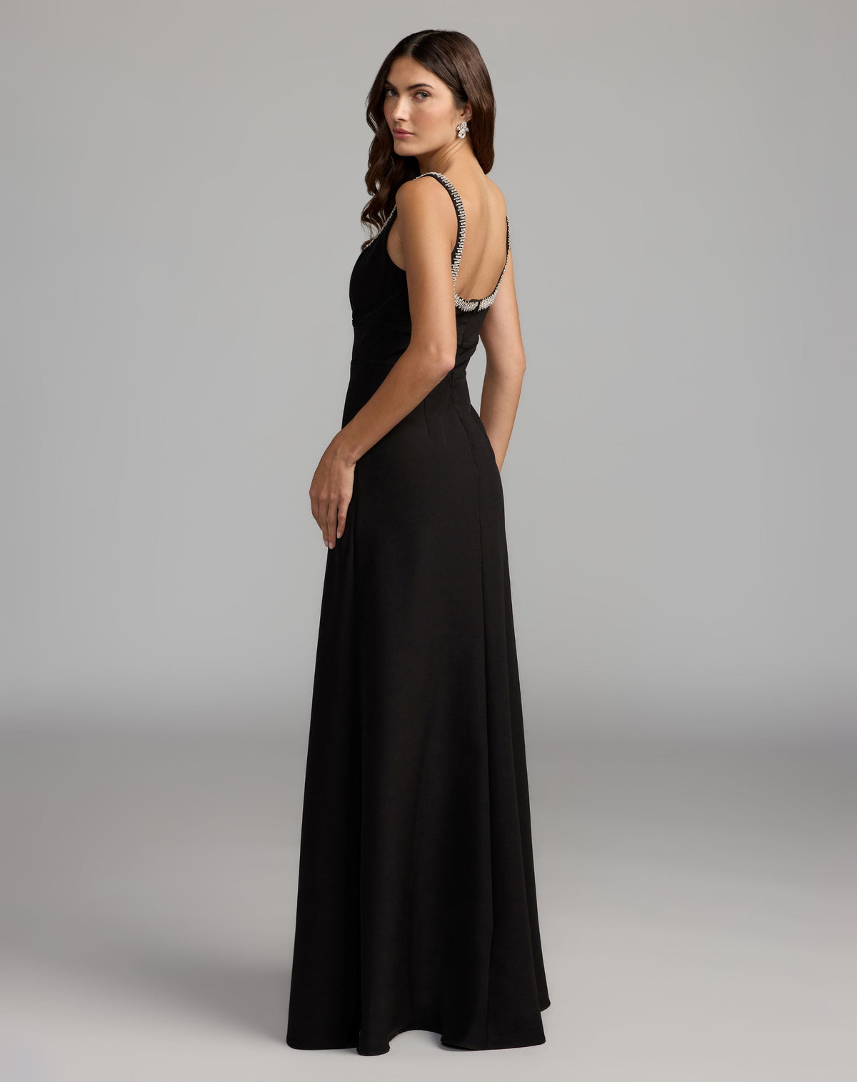Mac Duggal #27633 black crepe a-line gown with rhinestone trim