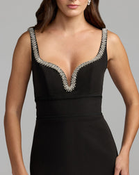 Mac Duggal #27633 black crepe a-line gown with rhinestone trim
