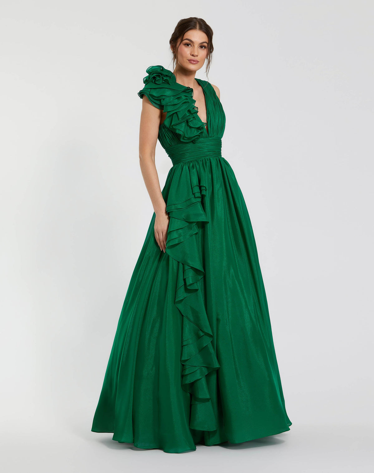 Mac Duggal #9948856P Ruffle Shoulder V-Neck Chiffon Gown Emerald