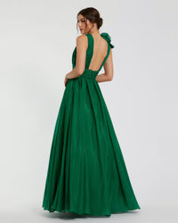 Ruffle Shoulder V-Neck Chiffon Gown - Emerald