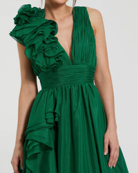 Ruffle Shoulder V-Neck Chiffon Gown - Emerald