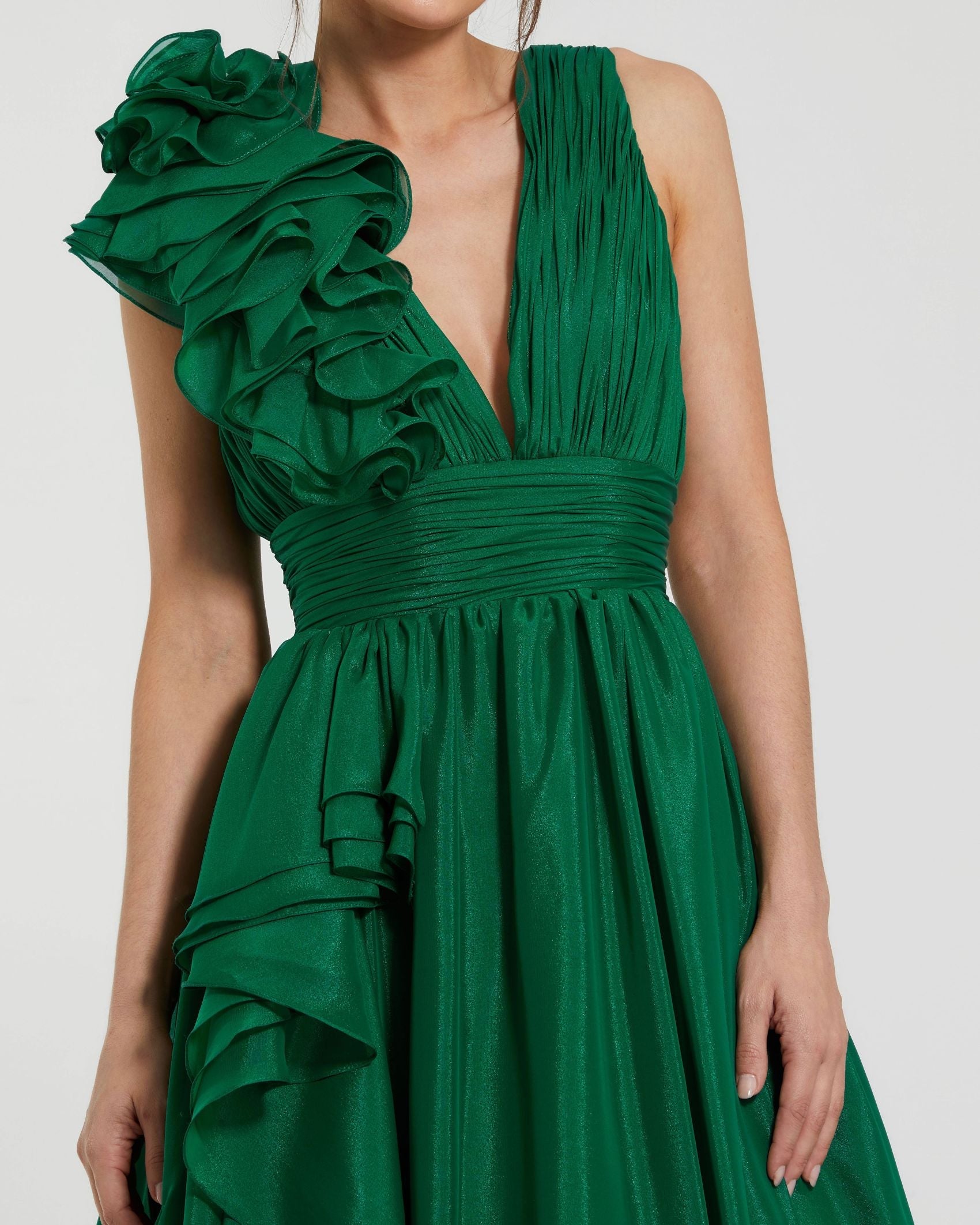 Ruffle Shoulder V-Neck Chiffon Gown - Emerald