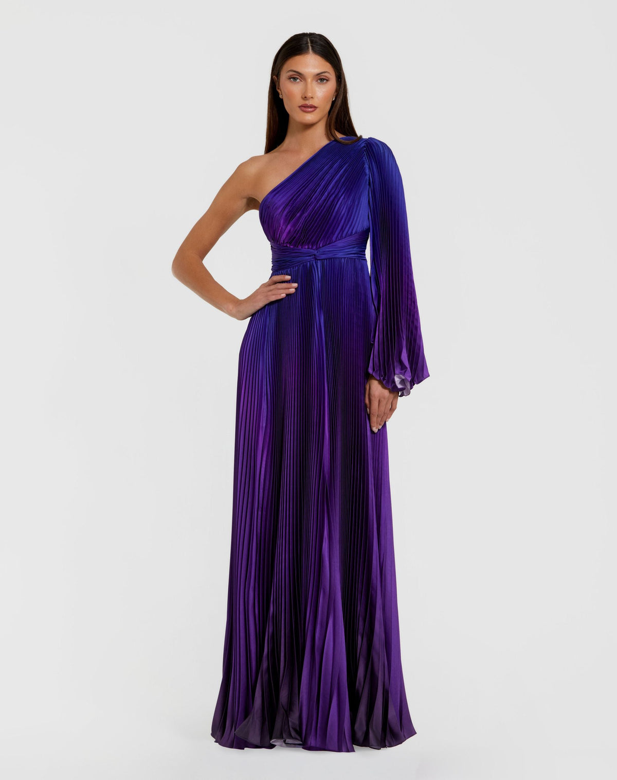 Mac Duggal #49903 Pleated Charmeuse One Shoulder Ombre Violet Ombre