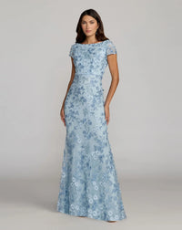 Mac Duggal Powder Blue Floral Applique Boat Neck Short Sleeve Gown #67711 