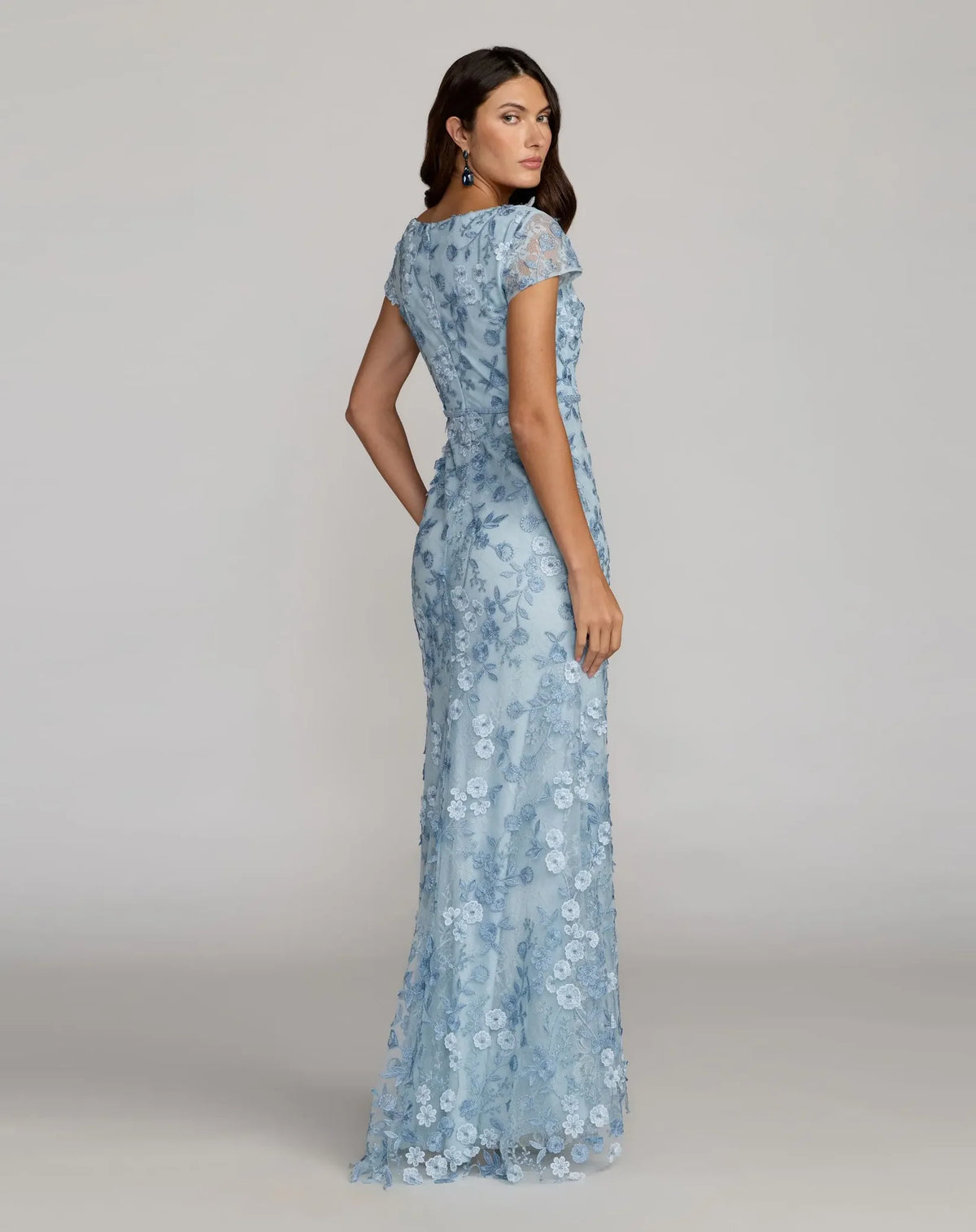 Mac Duggal Powder Blue Floral Applique Boat Neck Short Sleeve Gown #67711 