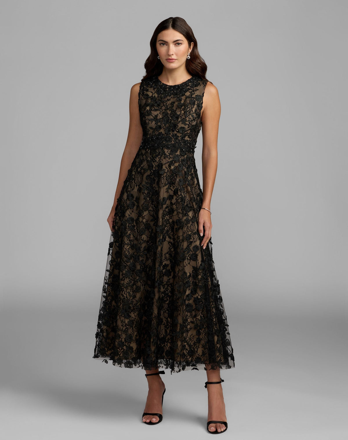Mac Duggal #69192 black nude floral embroidered high neck midi dress