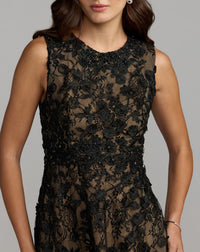 Mac Duggal #69192 black nude floral embroidered high neck midi dress close-up