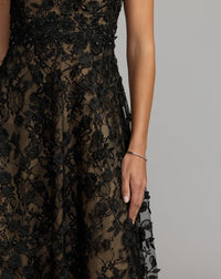 Mac Duggal #69192 black nude floral embroidered high neck midi dress close-up
