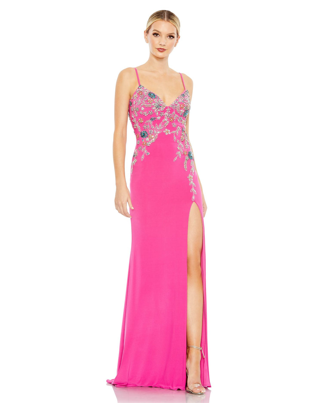 Mac Duggal, Multi Colour Beaded Floral Cami Gown - Candy Pink  | Shop Prom Dresses, Wedding Guest Dresses, and Black Tie Evening Gowns Online at SHAIDE! 