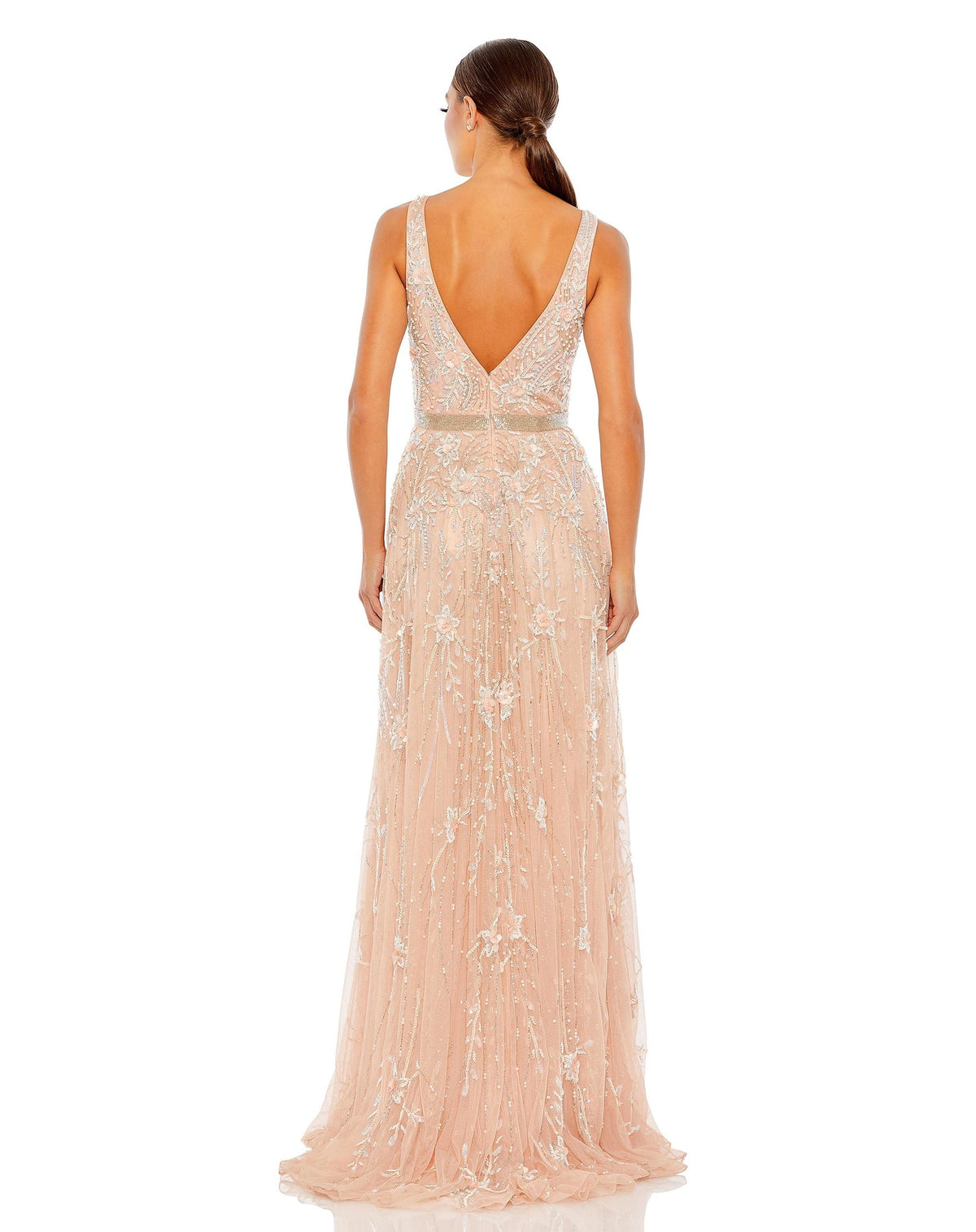 Mac Duggal, V neck plunge crystal embellished tulle princess gown - Blush) | SHAIDE - Shop Women's Dresses Online back view