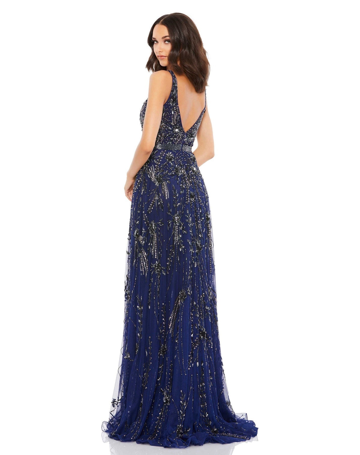 Mac Duggal, V neck plunge crystal embellished tulle princess gown - Blush) | SHAIDE - Shop Women's Dresses Online back view