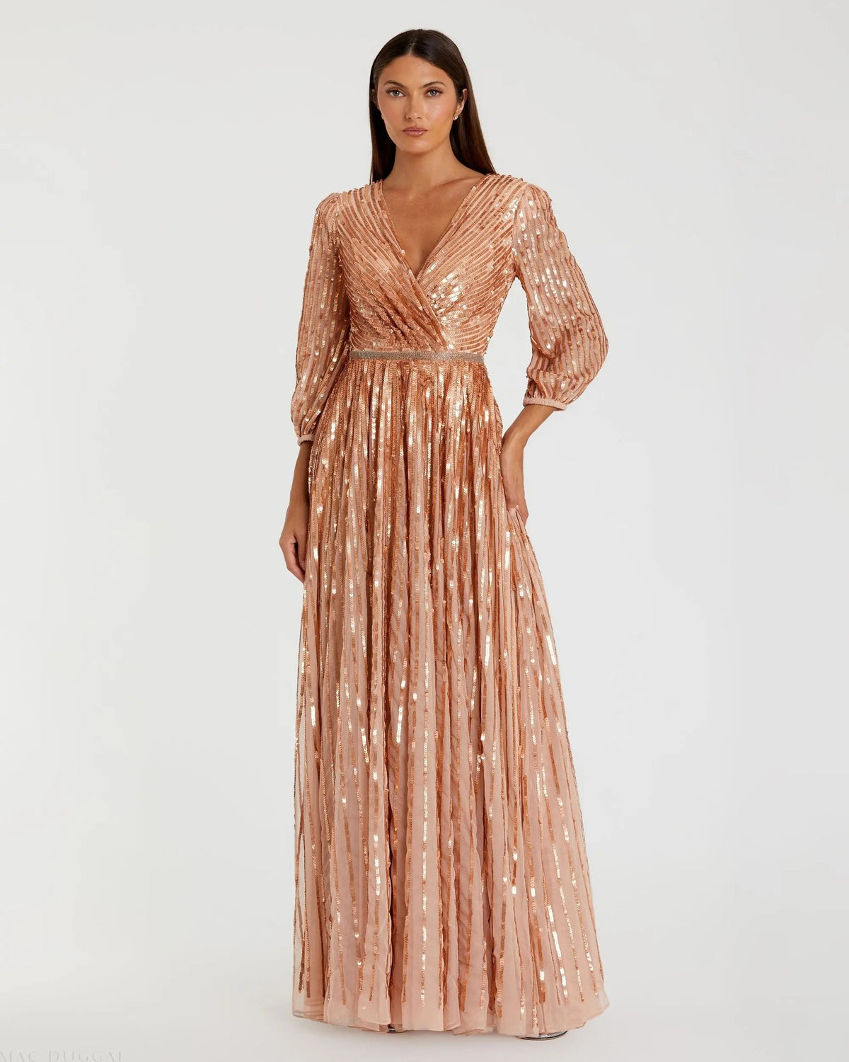 Mac Duggal #A5509 apricot sequined wrap over 3/4 sleeve gown