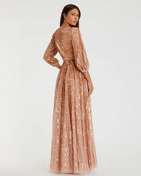 Mac Duggal #A5509 apricot sequined wrap over 3/4 sleeve gown