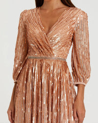 Mac Duggal #A5509 apricot sequined wrap over 3/4 sleeve gown