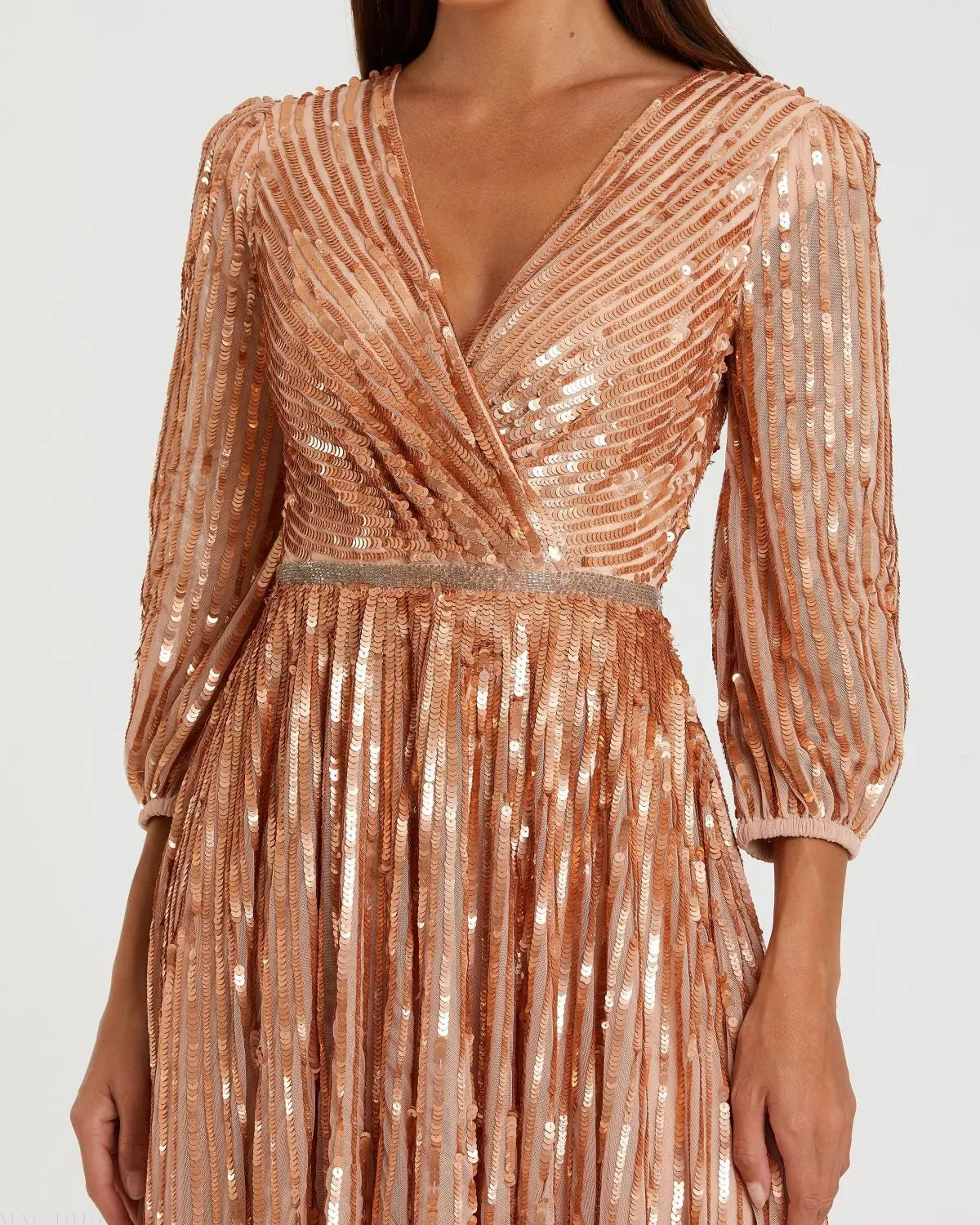 Mac Duggal #A5509 apricot sequined wrap over 3/4 sleeve gown