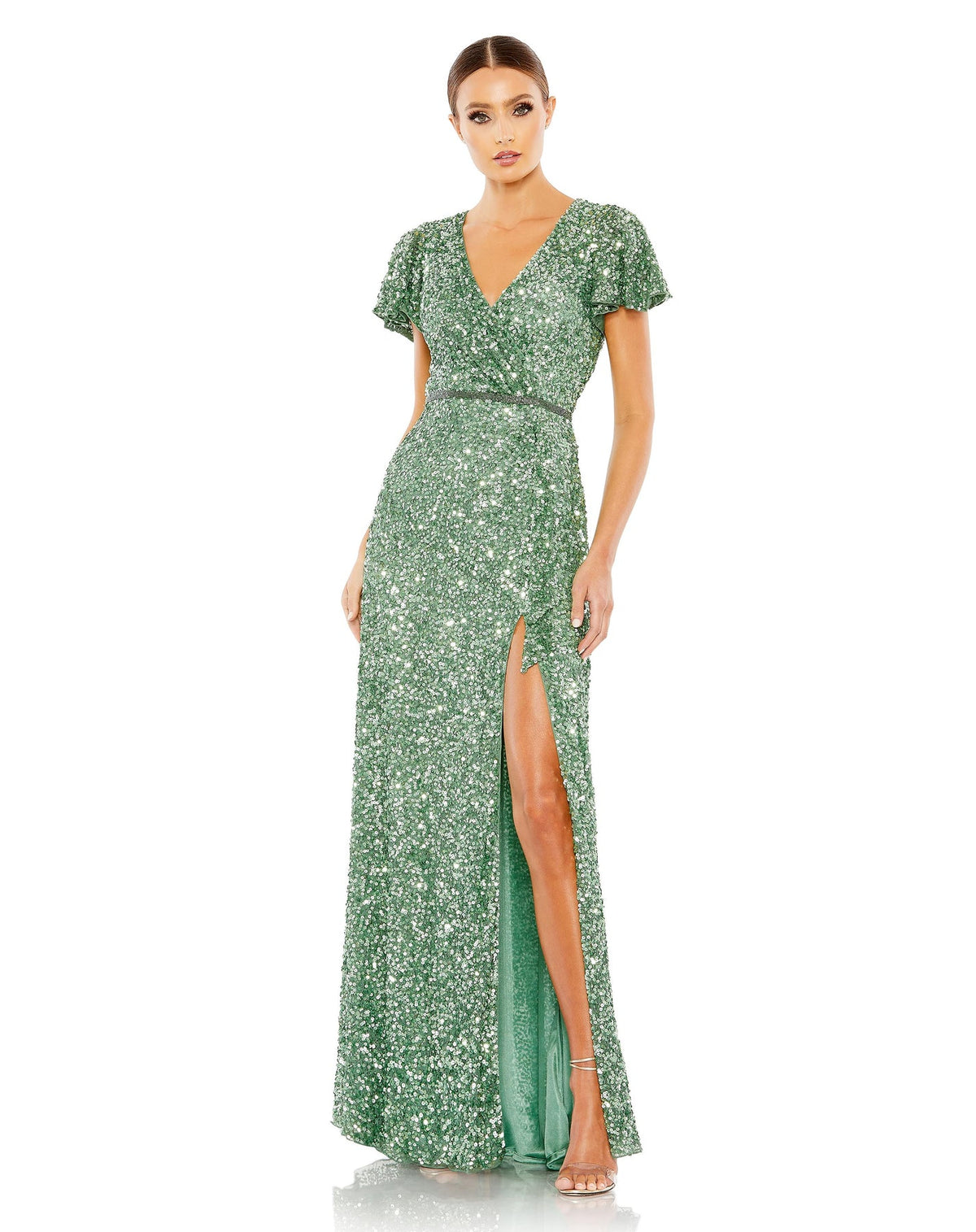 mac duggal, SEQUINED WRAP OVER BUTTERFLY SLEEVE DRAPED GOWN, sage green, Style #A5540