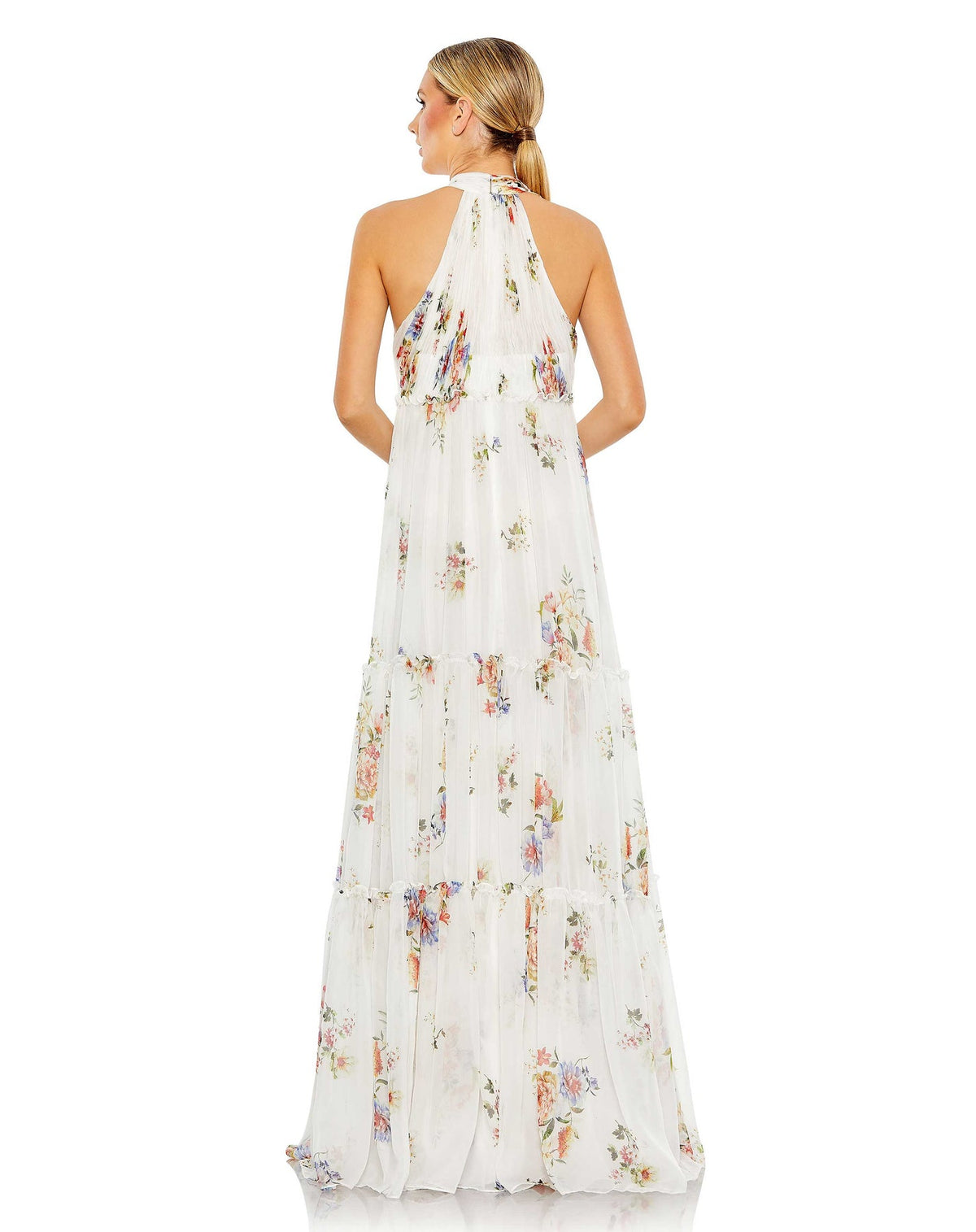 mac duggal, FLORAL PRINT RUCHED TIERED HIGH NECK BOW GOWN, white multi, Style #A55814 back view