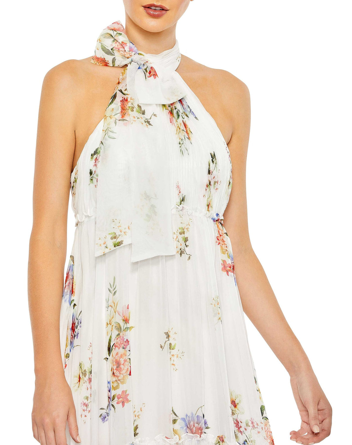 mac duggal, FLORAL PRINT RUCHED TIERED HIGH NECK BOW GOWN, white multi, Style #A55814 close up