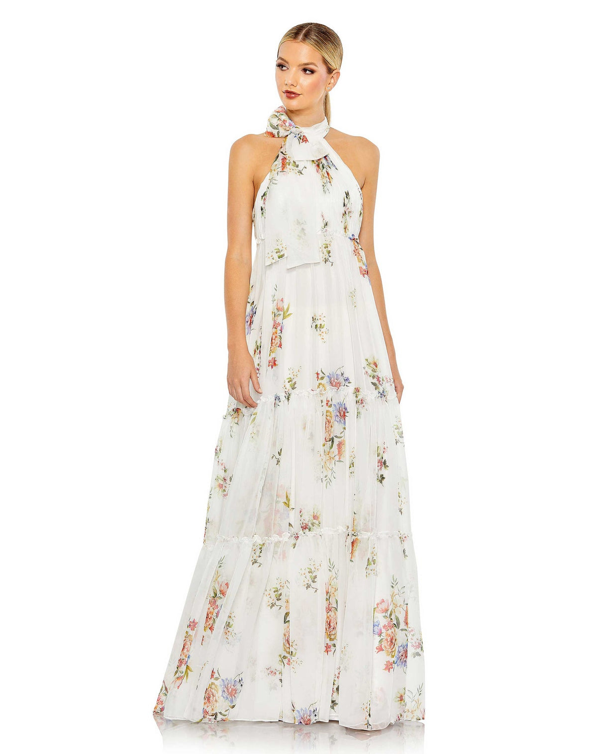 mac duggal, FLORAL PRINT RUCHED TIERED HIGH NECK BOW GOWN, white multi, Style #A55814