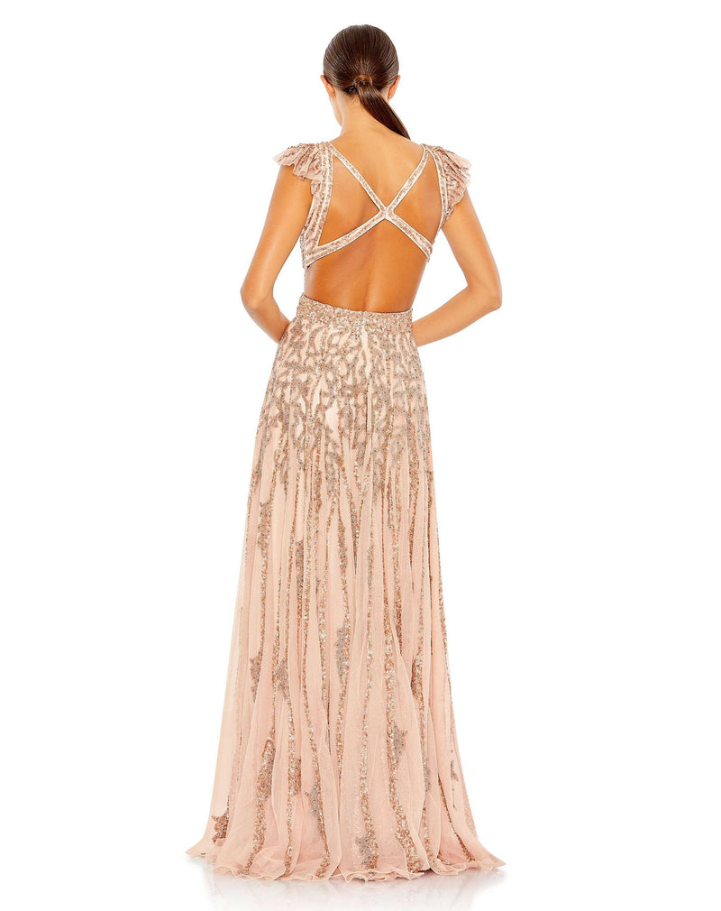Mac Duggal, Kate Middleton Sequin cap sleeve cut out gown - Apricot) | Women's Evening Gowns Online at SHAIDE! back view
