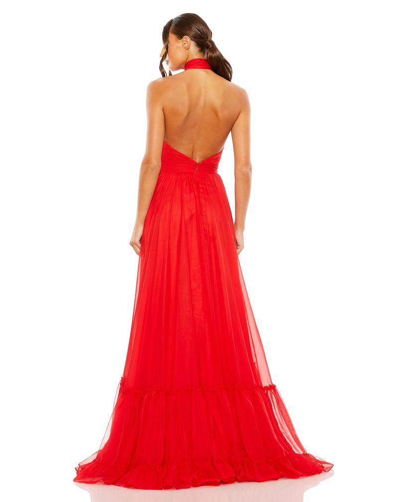 Asymmetrical halterneck tiered A-line gown - Red