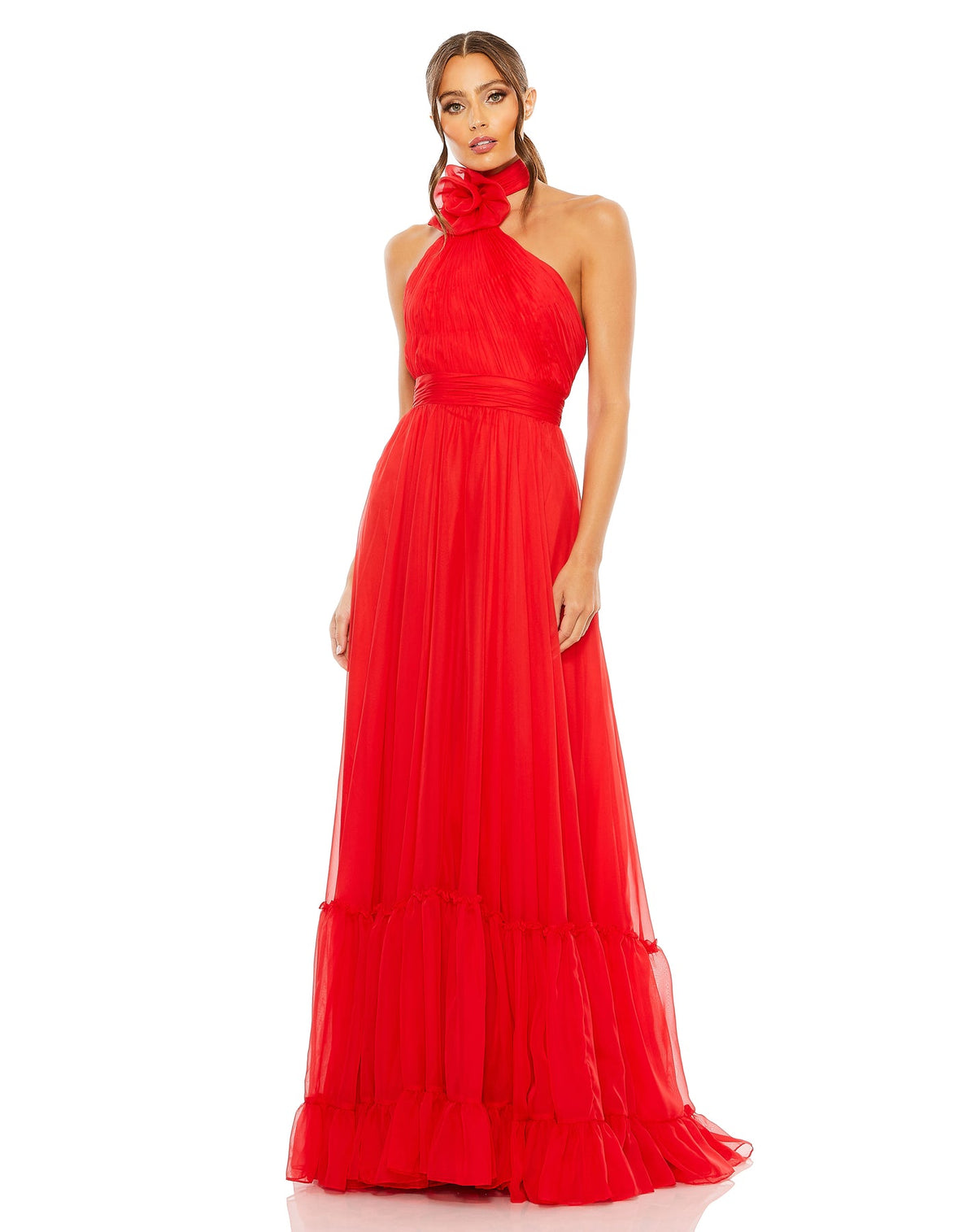 Asymmetrical halterneck tiered A-line gown - Red
