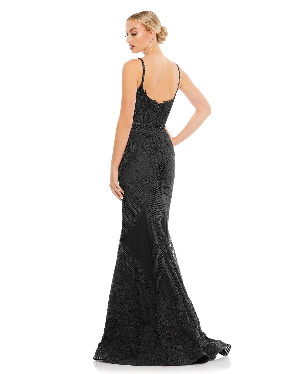 Embroidered Sleeveless Plunge Gown - Black