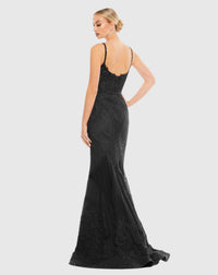 Embroidered Sleeveless Plunge Gown - Black